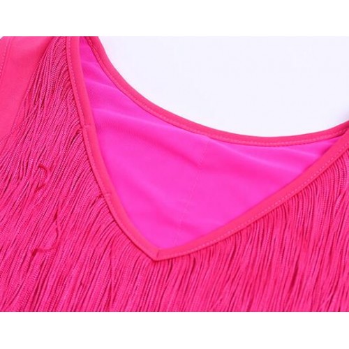 Girls latin dresses kids children pink black stage performance layers fringes competition stage performance leotards chacha rumba dresses